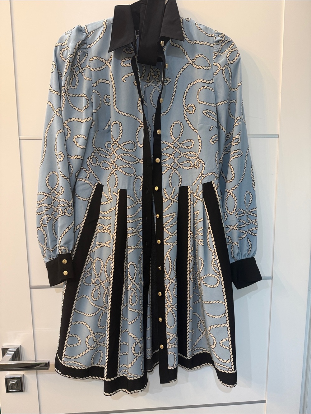 Karl Lagerfeld Light Blue Rope-Print Shirt Dress with Black Trim